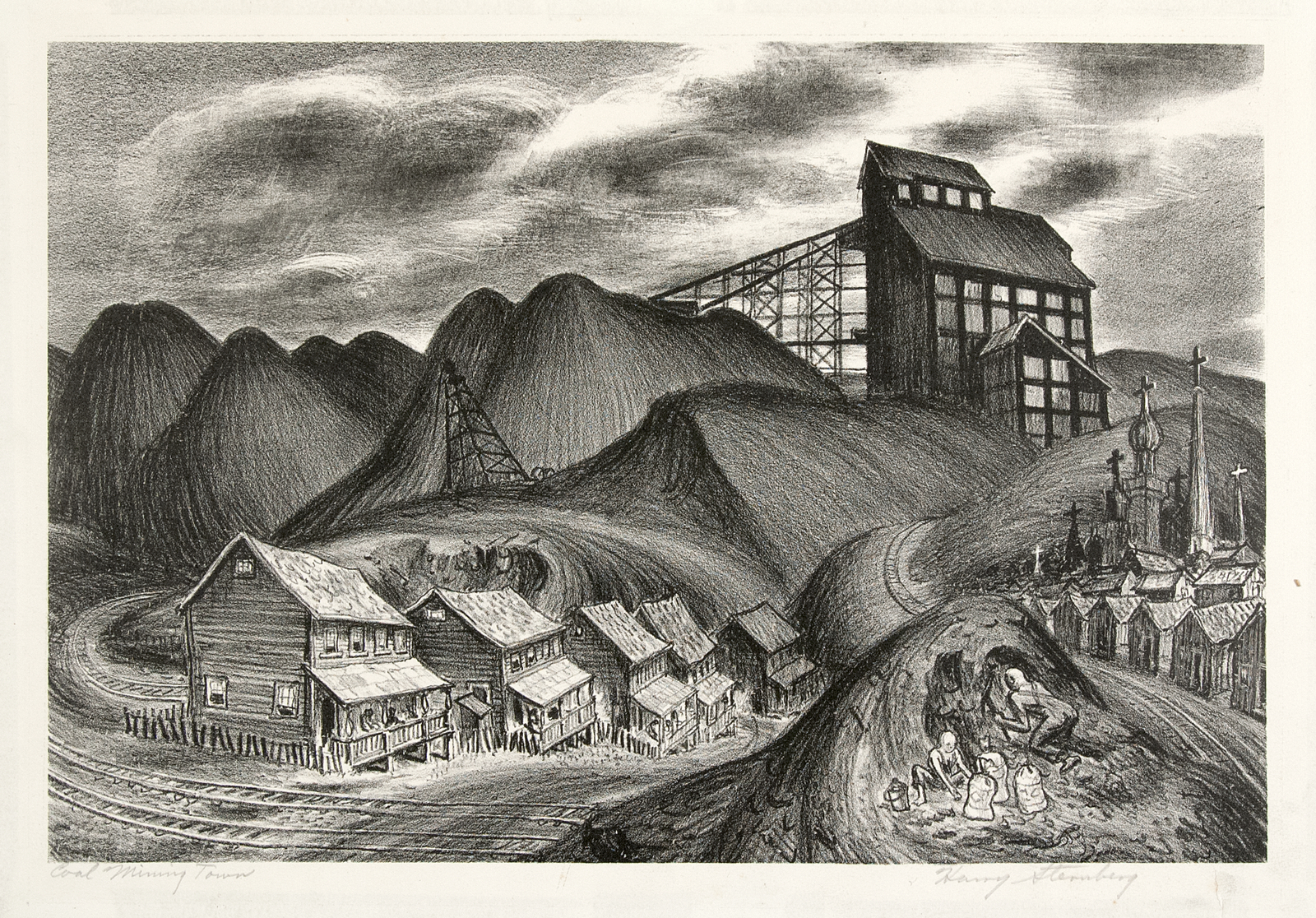 Black and white artistic print of a landscape with a row of houses at the bottom of a hill, with a larger house on the top of a hill behind.